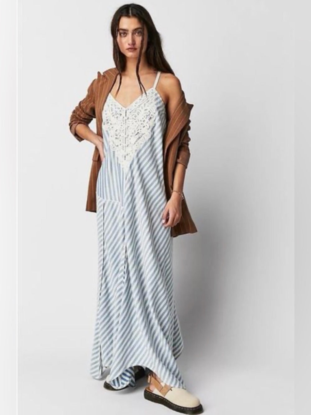 Free People Striped Blue and White Lace Summer Maxi Dress
